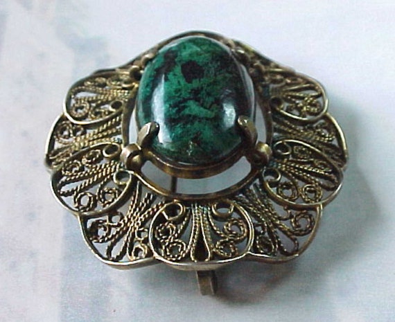 Large Vintage filigreed Silver and Green Blue Tur… - image 3