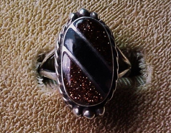 Mid Century Sterling Silver Goldstone and Onyx Ri… - image 1