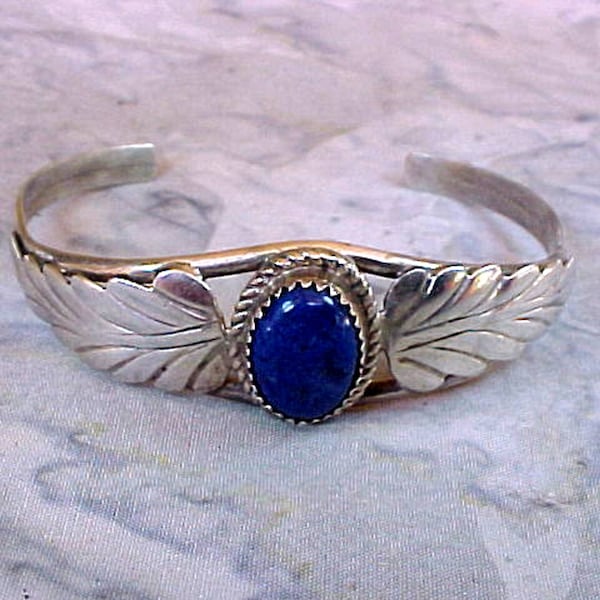 Bright H. Spencer Signed Navajo Sterling Silver Cuff Bracelet Silver, Lapis Lazuli and Leafs 6 Inches