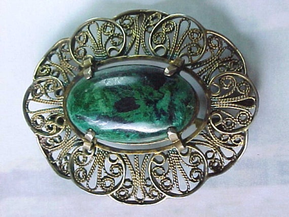 Large Vintage filigreed Silver and Green Blue Tur… - image 4