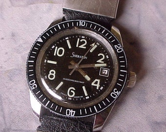 Vintage Steel Silver and Black Sheraton 37 mm Divers Turtle Style Manual Wind Wristwatch Keeping Good Time