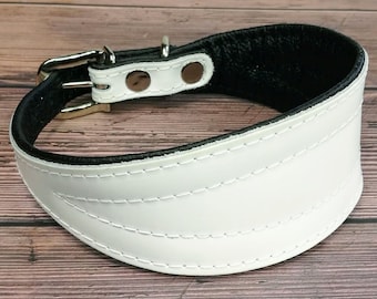 leather sighthound collar white black, wide dog collar for Italian Greyhound, Galgo, Greyhound, Whippet, Lurcher, soft padded