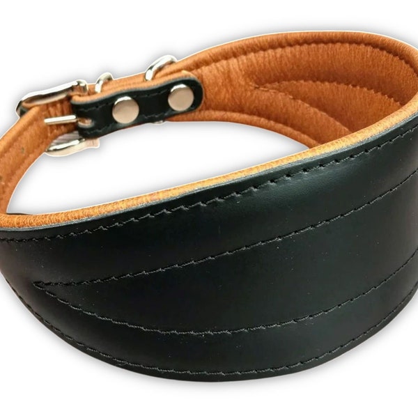 leather sighthound collar black brown, wide dog collar for Italian Greyhound, Galgo, Greyhound, Whippet, Lurcher, soft padded