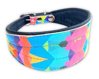 leather sighthound collar colorful design, wide dog collar for Italian Greyhound, Galgo, Greyhound, Whippet, Lurcher, soft padded