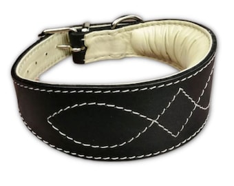 May include: Black leather dog collar with white stitching in a diamond pattern. The collar has a padded lining and a silver buckle.