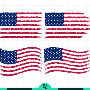 May include: Four distressed American flag designs. The flags feature a blue canton with white stars and red and white stripes. Two flags are rectangular, and two are waving. The designs have a brushstroke effect.
