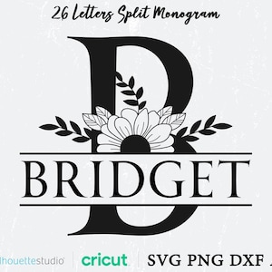 May include: Black and white split monogram design featuring the letter "B" and the name "BRIDGET" below. The letter "B" is adorned with a floral design.