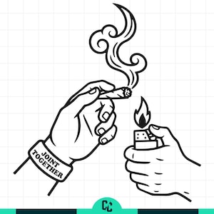 Może przedstawiać: Czarno-biała ilustracja dwóch dłoni. Jedna dłoń trzyma zapalonego papierosa, druga zapalniczkę z płomieniem. Na nadgarstku dłoni trzymającej papierosa znajduje się bransoletka z napisem "JOINT TOGETHER".