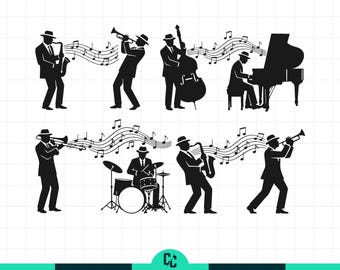 Jazz Band SVG Bundle, Jazz Musicians Silhouette, Saxophone, Trumpet, Piano, Bass, Drums, Trombone, Jazz Music Shirt Design for Cricut