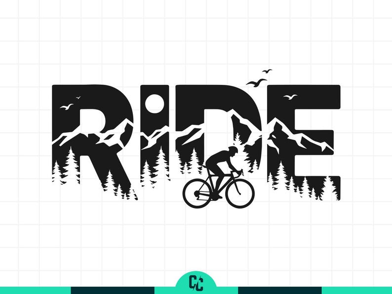 Op de afbeelding: Zwart-wit grafisch ontwerp met het woord 'RIDE' met berg- en bos silhouetten. Een fietser op een fiets staat in het midden van het woord. Vogels vliegen boven de letters.