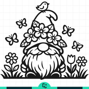 Könnte beinhalten: Schwarz-weiße Illustration eines Gartenzwergs mit einem Vogel auf dem Hut, umgeben von Blumen und Schmetterlingen. Der Zwerg hat einen langen Bart und trägt einen mit Blumen geschmückten Hut. Geeignet für Frühlings- oder Gartenmotive.