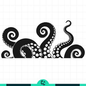 May include: Black and white illustration of an octopus with multiple tentacles. The tentacles are in various positions, some curled and others straight, with suckers visible. The design is against a white background.
