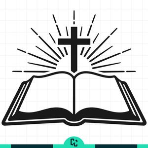 May include: A black and white graphic of an open book with a cross above it, radiating light. The image is a simple, bold design, likely for religious or spiritual themes.