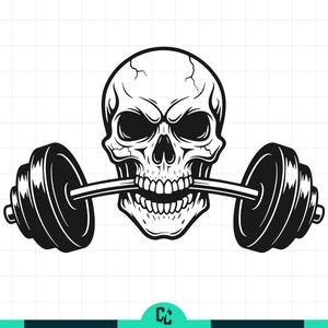 Skull Lifting Barbell SVG, Gym Skull PNG, Weightlifting Skeleton Shirt Design, Fitness Bodybuilding Vector, Workout Gear Cut File for Cricut