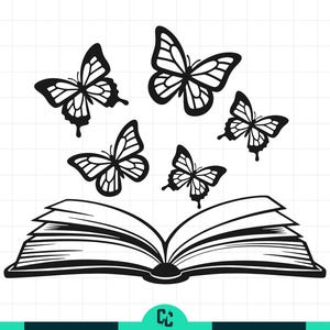 Op de afbeelding: Een zwart-wit illustratie van een open boek met verschillende vlinders die omhoog vliegen. De vlinders hebben gedetailleerde vleugelpatronen en de pagina's van het boek zijn duidelijk gedefinieerd. De afbeelding staat tegen een witte achtergrond.