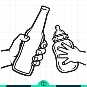 Peut inclure: Illustration en noir et blanc de deux mains tenant une bouteille et un biberon. La bouteille est longue et fine, tandis que le biberon a une tétine et est tenu par une petite main.