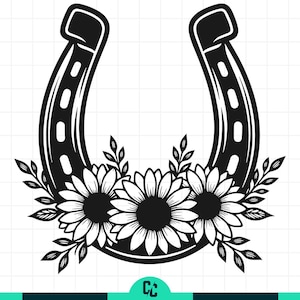 May include: Black and white horseshoe design with three sunflowers and leafy accents. The horseshoe is a classic symbol of luck, and the floral elements add a touch of nature. This design is suitable for various crafts and decor.