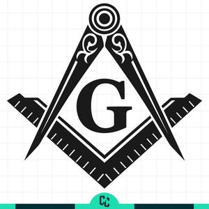 May include: Black and white Masonic symbol featuring a compass and square with the letter "G" in the center. The design includes detailed lines and a decorative top on the compass. The background is a grid pattern.
