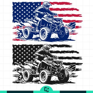 Puede incluir: Dos ilustraciones de un piloto de quad con casco, sobre un fondo de bandera americana. La imagen superior es en color, con un quad y una bandera azules. La imagen inferior es una versión en blanco y negro del mismo diseño.