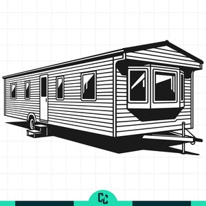 May include: Black and white illustration of a mobile home or travel trailer. The trailer has multiple windows, a door, and a hitch. The design is a simple, line-art style, suitable for stickers or decals.