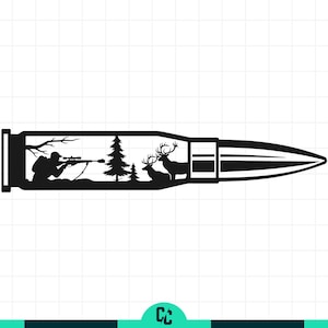 Könnte beinhalten: Schwarz-Weiß-Illustration einer Patrone mit einer Jagdszene im Inneren. Die Szene zeigt einen Jäger, der ein Gewehr anvisiert, Bäume und zwei Hirsche. Das Design ist jagdthematisch.