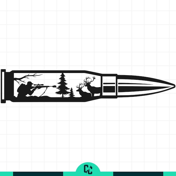 Bala de caza SVG, silueta de cazador PNG, diseño de camiseta de caza de ciervos, cartucho de rifle, archivo de corte de escena de caza para Cricut, exteriores