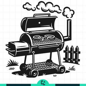 May include: Black and white illustration of a barbecue grill with two steaks cooking inside. The grill has a lid, a chimney, and a side smoker. Smoke rises from the chimney. The grill sits on a wheeled cart, with a small fence and grass in the background.