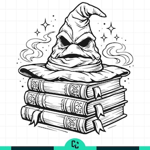 May include: Black and white illustration of a wizard's sorting hat atop a stack of three books. The hat has an angry expression and is surrounded by stars and wisps of smoke. The books have decorative details and bookmarks.