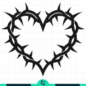 May include: A black heart-shaped design composed of a crown of thorns. The thorns are sharp and pointed, arranged around the heart's outline. The design is set against a white background with a subtle grid pattern.