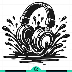 Op de afbeelding: Zwart-wit afbeelding van een koptelefoon met een spatontwerp. De koptelefoon is afgebeeld in een gedurfde, gestileerde manier, met de oorschelpen en hoofdband duidelijk gedefinieerd. Het spatteffect voegt een dynamisch element toe.