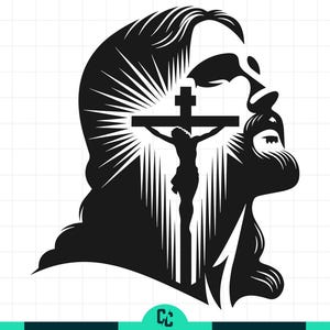 May include: Black and white silhouette of a face with a beard, featuring a cross with a figure of Jesus Christ. The design includes radiating lines and is set against a white background.