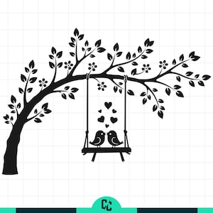 May include: Black silhouette of a tree branch with leaves and flowers. A swing hangs from the branch, with two birds facing each other. Several hearts float above the birds, creating a romantic scene.