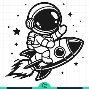 以下が含まれることがあります： ロケットに乗った宇宙飛行士の白黒イラスト。宇宙飛行士はヘルメットと宇宙服を着て、片手を振っています。星と点がロケットの周りに散らばっています。