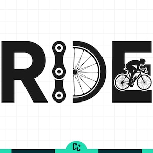 Peut inclure: Graphisme noir et blanc avec le mot "RIDE". La lettre "R" est suivie d'une chaîne de vélo, d'une roue de vélo et de la lettre "E" avec une silhouette de cycliste. Le design est sur fond blanc.