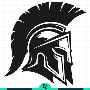 Könnte beinhalten: Schwarz-weiße Grafik eines spartanischen Helms, ein Symbol der antiken griechischen Krieger. Der Helm hat einen Kamm und einen Gesichtsschutz mit detailliertem Design. Das Bild ist eine Vektorillustration.