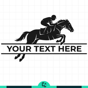 Puede incluir: Gráfico en blanco y negro de un caballo saltando una valla con un jinete. El texto "YOUR TEXT HERE" se muestra en una barra horizontal debajo. La imagen está sobre un fondo blanco, ideal para personalizar.