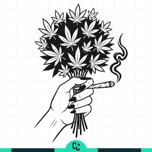 May include: Black and white illustration of a hand holding a bouquet of cannabis leaves and a lit joint. The leaves are detailed, and smoke curls upwards from the joint. The hand has long, dark fingernails.