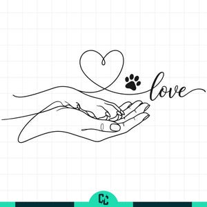 Könnte beinhalten: Schwarz-weiße Strichzeichnung einer Hand, die eine Pfote hält, mit einem Herz und einem Pfotenabdruck darüber. Das Wort "love" ist in Schreibschrift geschrieben. Ein einfaches, elegantes Design für Tierliebhaber.