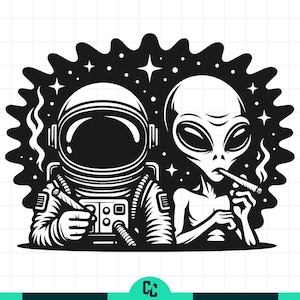 May include: Black and white illustration of an astronaut and an alien. The astronaut is wearing a spacesuit and holding a lit cigarette. The alien is smoking a cigarette. The background features stars and a cosmic design.