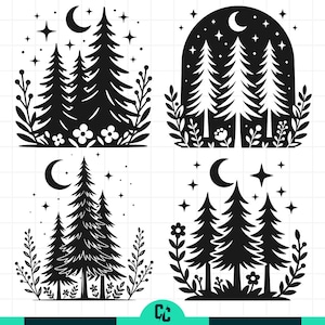 May include: Four black and white forest silhouette designs. Each design features pine trees, a crescent moon, stars, and floral or leafy accents. The designs are suitable for various craft projects.
