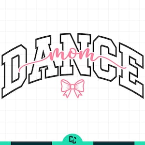 May include: A graphic design with the words "DANCE MOM" in a black, bold, collegiate-style font, with "mom" in pink script. A pink bow is below the text. The design is on a white background.