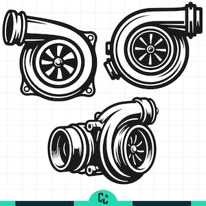 May include: Black and white illustration of three turbochargers. Each turbocharger features a turbine housing, compressor housing, and a central rotating impeller. The designs are suitable for automotive enthusiasts and mechanics.