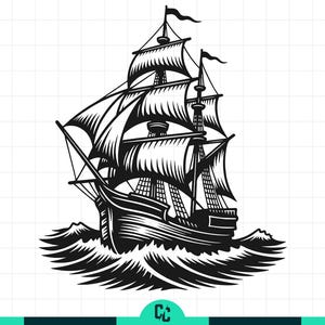 Bateau pirate Svg, voilier vintage, Svg nautique, navire couper fichier, océan, Svg voile, Silhouette, grand voilier, Svg aventure en mer