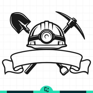 May include: Black and white illustration of a miner's helmet with a headlamp, crossed pickaxe and shovel. A banner is below the helmet, with space for text. The design is suitable for mining-related products.