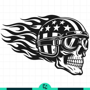 May include: Black and white illustration of a skull wearing a motorcycle helmet with stars and goggles, and flames trailing behind. The helmet has a striped design. The image is a graphic design.