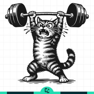 May include: Black and white illustration of a cat lifting a barbell overhead. The cat has a surprised expression with wide eyes and an open mouth. The barbell has large weight plates on each end, and the cat is standing on its hind legs.
