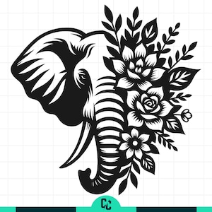 May include: A monochrome graphic depicting an elephant's head, combined with floral designs. The image shows the elephant's ear and trunk, with flowers and leaves forming part of the head.