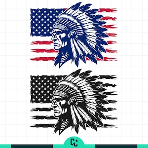 May include: Two illustrations of a Native American chief wearing a feathered headdress. The top image is in color, with the chief in blue and the American flag in red and blue. The bottom image is a black and white version of the same design.