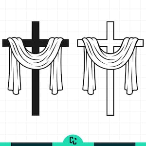 Puede incluir: Dos cruces, una negra y otra delineada, cada una con un paño blanco. El paño cuelga sobre el travesaño y cae a ambos lados. Imagen de diseño gráfico sencillo.