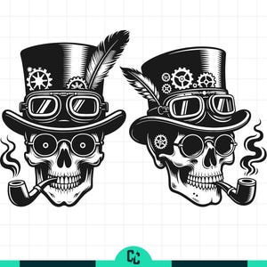 May include: A monochrome illustration featuring two steampunk-style skulls. Each skull is adorned with a top hat, goggles, gears, and a feather. They are smoking pipes and wearing round spectacles.